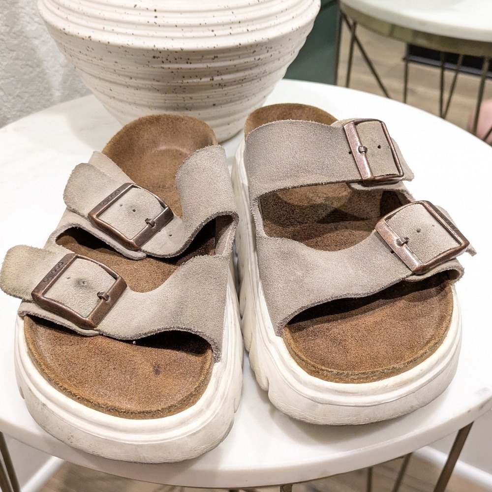 Papillio Birkenstock Arizona Grooved Sandals Women 37 Taupe Suede Platform - Picture 4 of 11